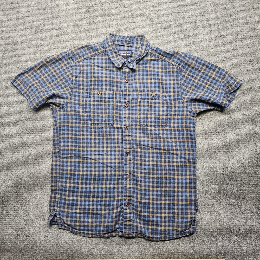 Patagonia Mens Hemp Organic Cotton Plaid Short Sleeve Shirt Blue Tan 53139 M